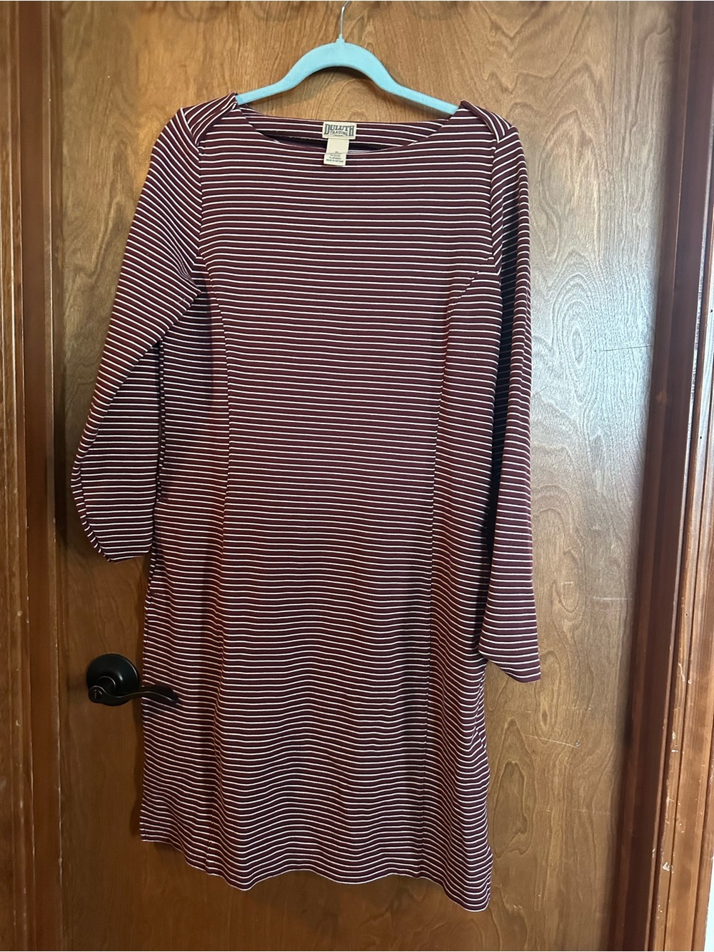 Duluth Trading Co Burgundy and White Striped Long Sleeve Dress